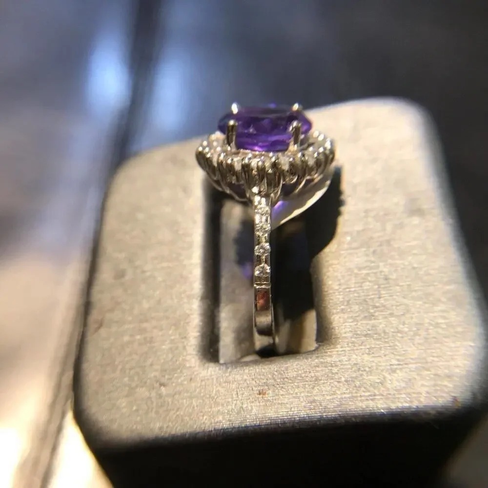 Cocktail Ring 925 Sz8 Round Amethyst Circle Diamonds (All Stones Simulated)